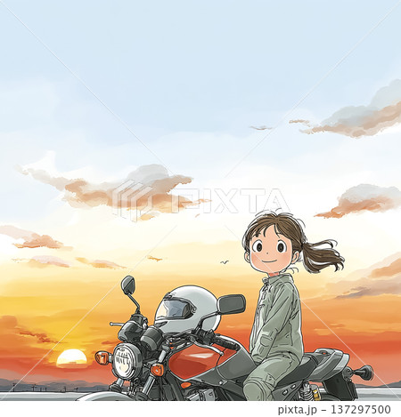 夕焼けの海辺でバイクに乗る女性ライダー|ツーリングと旅のイメージ 夕焼けの海辺でバイクに乗る女性ライダー|ツーリングと旅のイメージ 137297500