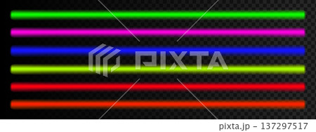 Set of neon colored LED fluorescent light tubes isolated on dark background. Green and pink, blue and yellow, red and orange laser sticks. Nightclub decoration elements. Vector realistic illustration 137297517