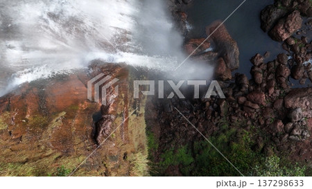 Cassilandia, Mato Grosso do Sul, Brazil - 04 05 2024: Cachoeira do Socorro waterfall aerial view 137298633