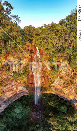 Cassilandia, Mato Grosso do Sul, Brazil - 04 05 2024: Vertical waterfall aerial panorama Cassilandia, Mato Grosso do Sul, Brazil - 04 05 2024: Vertical waterfall aerial panorama 137298658