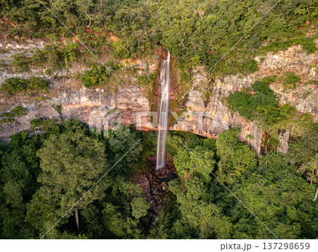 Cassilandia, Mato Grosso do Sul, Brazil - 04 05 2024: Cachoeira do Socorro waterfall aerial Cassilandia, Mato Grosso do Sul, Brazil - 04 05 2024: Cachoeira do Socorro waterfall aerial 137298659