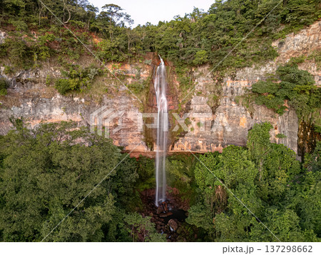 Cassilandia, Mato Grosso do Sul, Brazil - 04 05 2024: Cachoeira do Socorro waterfall aerial Cassilandia, Mato Grosso do Sul, Brazil - 04 05 2024: Cachoeira do Socorro waterfall aerial 137298662