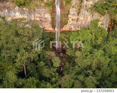 Cassilandia, Mato Grosso do Sul, Brazil - 04 05 2024: Cachoeira do Socorro waterfall aerial 137298663