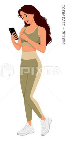 Woman fitness outfit holding smart phone Woman fitness outfit holding smart phone 137299201