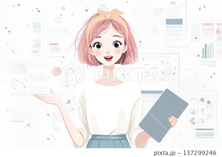 絵美シリーズ：インフォグラフィックでタブレット学習を説明する若い女性　データ教育とデジタル学習のイメ 137299246