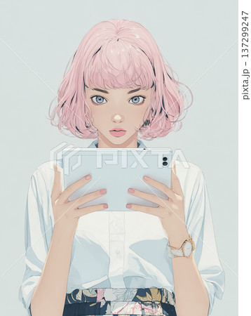 絵美シリーズ：タブレットの画面を真剣に確認する若い女性　デジタル学習とデータ確認のイメージ 137299247