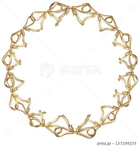 Watercolor illustration of a circular frame made of coquette bows. Cute hand drawn design, perfect for Valentines Day cards, invitations, posters. 137299255