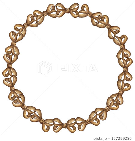 Watercolor illustration of a circular frame made of coquette bows. Cute hand drawn design, perfect for Valentines Day cards, invitations, posters. 137299256