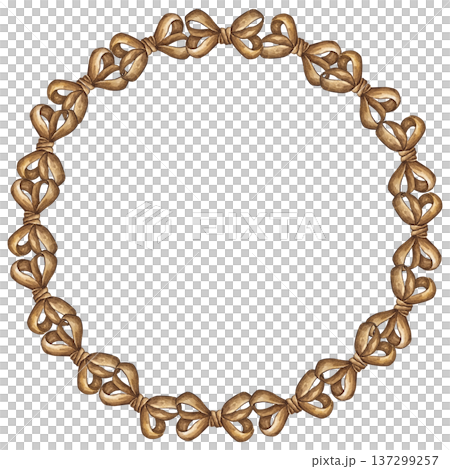 Watercolor illustration of a circular frame made of coquette bows. Cute hand drawn design, perfect for Valentines Day cards, invitations, posters. 137299257