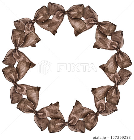 Watercolor illustration of a circular frame made of coquette bows. Cute hand drawn design, perfect for Valentines Day cards, invitations, posters. 137299258