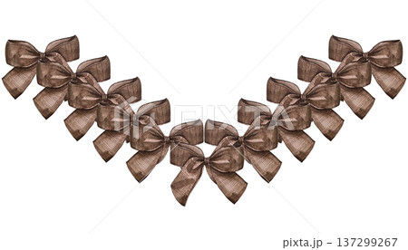 Watercolor illustration of a garland frame made of coquette bows. Cute hand drawn design, perfect for Valentines Day cards, invitations, posters. 137299267