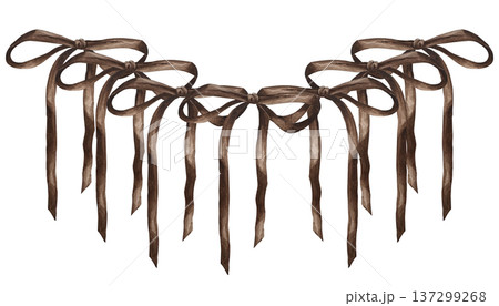 Watercolor illustration of a garland frame made of coquette bows. Cute hand drawn design, perfect for Valentines Day cards, invitations, posters. 137299268