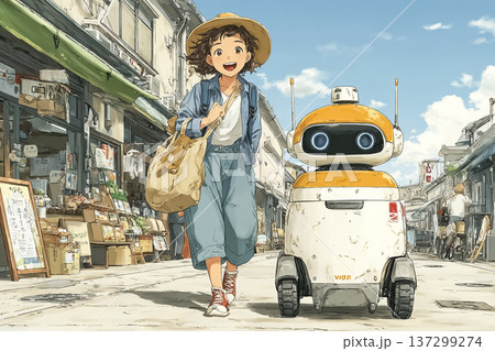 自動配送ロボットと歩く女性｜商店街のラストワンマイル配送イメージ 137299274
