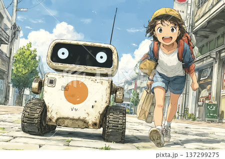 自動配送ロボットと走る女性｜スマートシティの未来配送イメージ 137299275