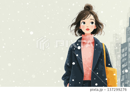 雪の街を歩く働く女性｜冬の通勤とオフィスライフのイメージ 137299276