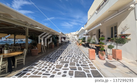 Cobblestone main street with restaurants in tourist area along with harbor 137299293