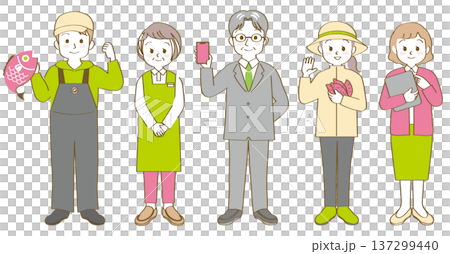 社会で働く人物のベクターイラスト素材／スーツ／会社員／生産／農業／事務／販売／全身／主線あり 137299440