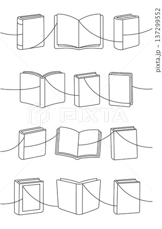 Outlined books in various positions connected by a flowing line. Modern book collection art 137299552