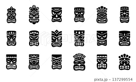 Fierce tiki masks with angular crown details and bold expressions. Vector Polynesian tribal faces illustration for tattoos, cultural art and festival themes 137299554
