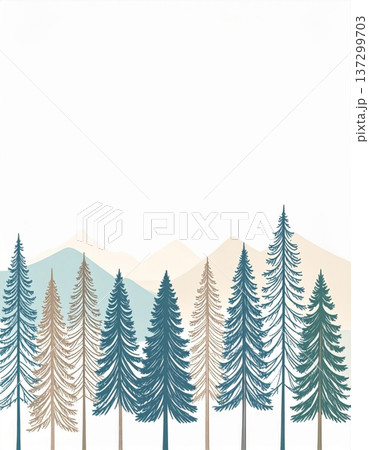 Stylized Forest with Mountain Range in Soft Pastel Colors on a White Background 137299703