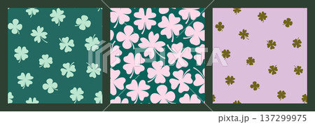 Simple four leaf clover seamless pattern set in green, pink and violet colors for St Patrick's Day designs and baby shower invitation backgrounds  137299975