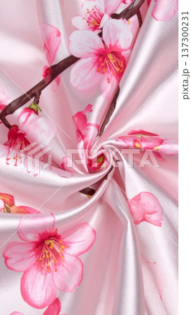 Swirling Pink Silk Fabric with Cherry Blossom Pattern for Textile Design 137300231