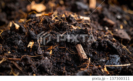 Detailed Dark Brown Soil with Wood Chip Mulch Close Up Texture 137300311