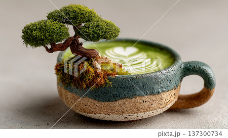 ティーカップの中に広がる小さな盆栽と抹茶のラテアート 137300734