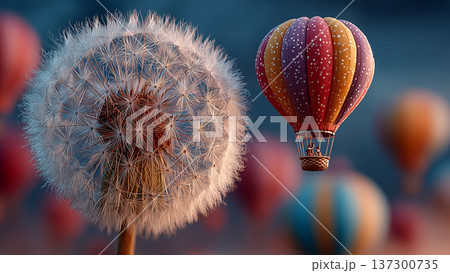 巨大なタンポポの綿毛の横をカラフルな気球が飛ぶ光景 137300735