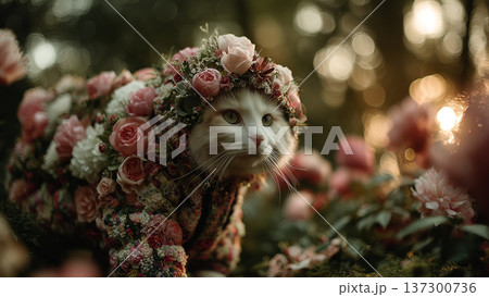 無数のピンクのバラに覆われた幻想的な猫の全身像 137300736