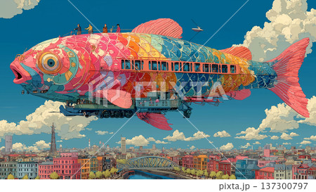 パステルカラーの街の上空を飛ぶ巨大な魚型の飛行船 137300797