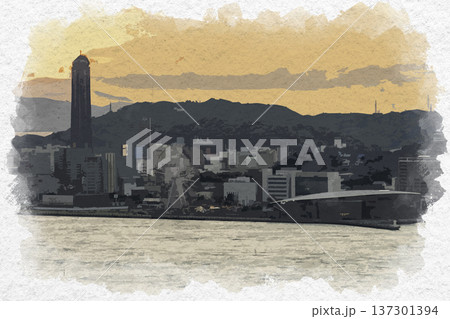 水彩画風　関門海峡と下関に沈む夕日　はい！からっと横丁　福岡県北九州市 137301394