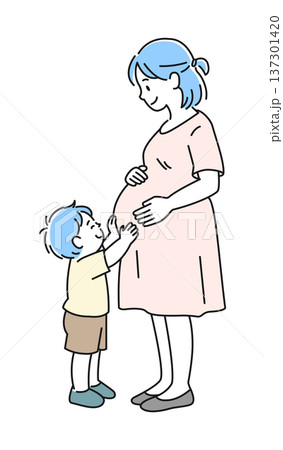 お母さんのお腹を触る子ども 137301420