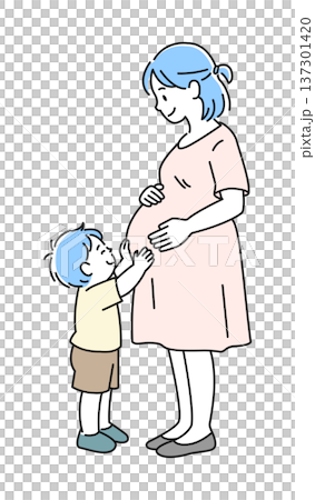 お母さんのお腹を触る子ども 137301420