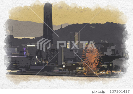 水彩画風　関門海峡と下関の夕暮れ　海峡ゆめタワー　福岡県北九州市 137301437