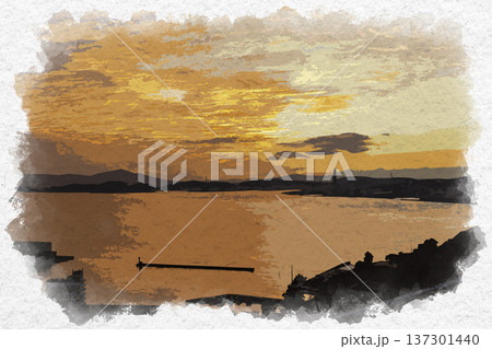 水彩画風 関門海峡と下関の夕暮れ 福岡県北九州市 水彩画風 関門海峡と下関の夕暮れ 福岡県北九州市 137301440