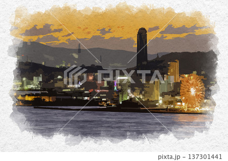 水彩画風　関門海峡と下関の夕暮れ　福岡県北九州市 137301441