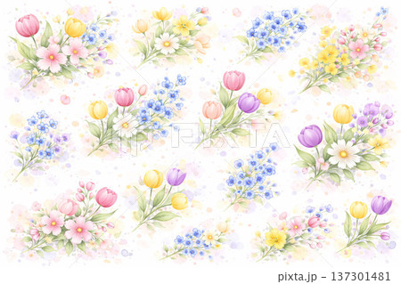 春の花シリーズ：汎用性の高いランダム花配置の背景素材 137301481