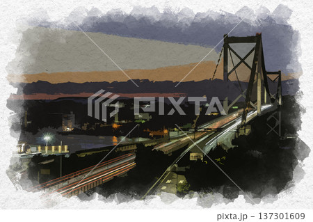 水彩画風　関門橋の夕暮れ　福岡県北九州市 137301609