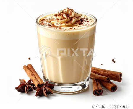 Creamy Beige Coffee Drink Topped with Chocolate Flakes and Cinnamon Sticks Isolated 137301610