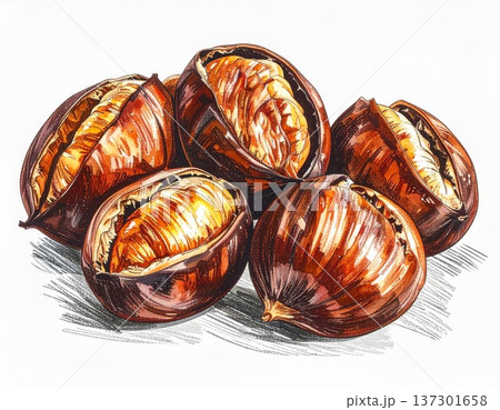 Pile of Roasted Chestnuts with Golden Brown Shells and White Background Illustration 137301658
