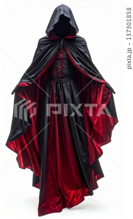 Black Hooded Cloak with Red Lining Full Length Gown Costume Isolated on White 137301858