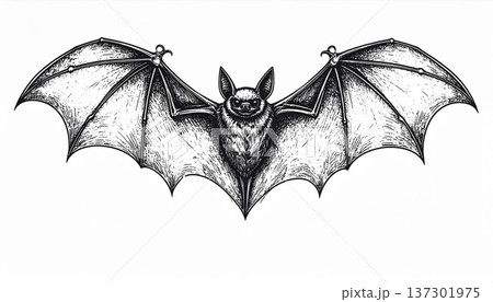 Detailed Line Drawing of Bat with Wings Spread Isolated on White Background Detailed and Intricate 137301975