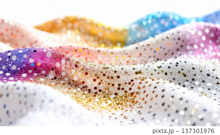 Colorful Sequined Fabric Waves on White Background in Soft Focus and Shimmering Light 137301976