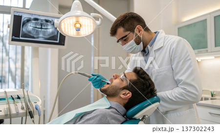 dentist in white coat and mask treating patient in modern dental clinic dentist in white coat and mask treating patient in modern dental clinic 137302243
