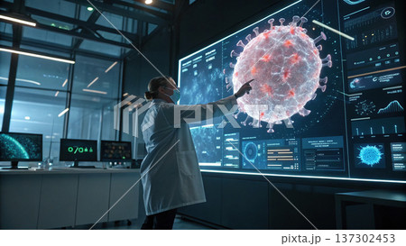 scientist in futuristic laboratory analyzing virus on high tech digital screen 137302453