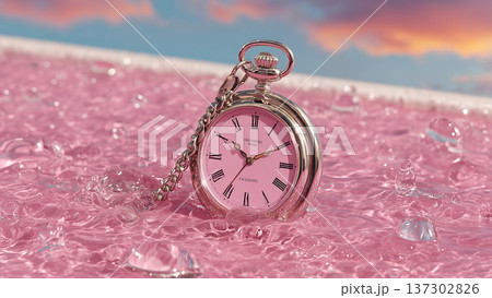 ピンク色の輝く砂の上に置かれた懐中時計 ピンク色の輝く砂の上に置かれた懐中時計 137302826