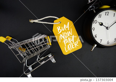 Mini Trolley Shopping Cart and price tag with message "Buy Now Pay Later" and alarm clock on black background 137303004