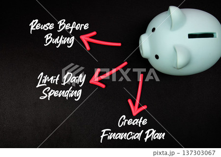 Pink piggy bank with three arrows pointing to financial tips: "Reuse Before Buying," "Limit Daily Spending," and "Create Financial Plan," highlighting practical strategies for better money management Pink piggy bank with three arrows pointing to financial tips: "Reuse Before Buying," "Limit Daily Spending," and "Create Financial Plan," highlighting practical strategies for better money management 137303067