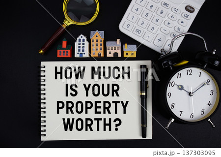 Notepad with the phrase "How much is your property worth?" surrounded by a pen, mini trolley shopping cart, magnifying glass, clock, and house model Notepad with the phrase "How much is your property worth?" surrounded by a pen, mini trolley shopping cart, magnifying glass, clock, and house model 137303095